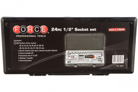 FORCE Набор головок 1/2" 10-32 мм Surface, воротоки, удлинители, трещотка 24-зуб, 24 пр. в кейсе