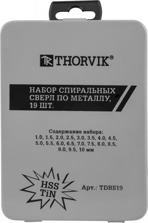 Thorvik Набор спиральных сверл по металлу HSS TiN, d1.0-10.0 мм, в металлическом кейсе,19 предметов